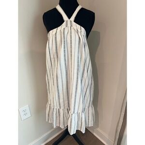 Loft Beach Women White Striped Halter Cross Back Ruffle Hem Cotton Dress Size 12